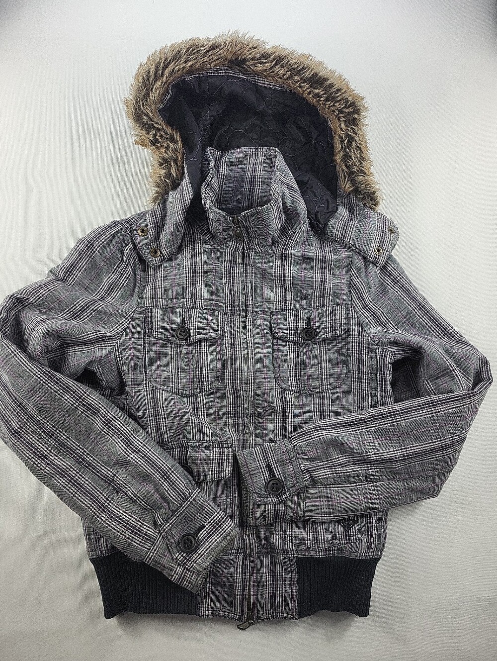 Vintage Y2K Roxy Plaid Hooded Bomber Jacket Faux Fur Grey Small